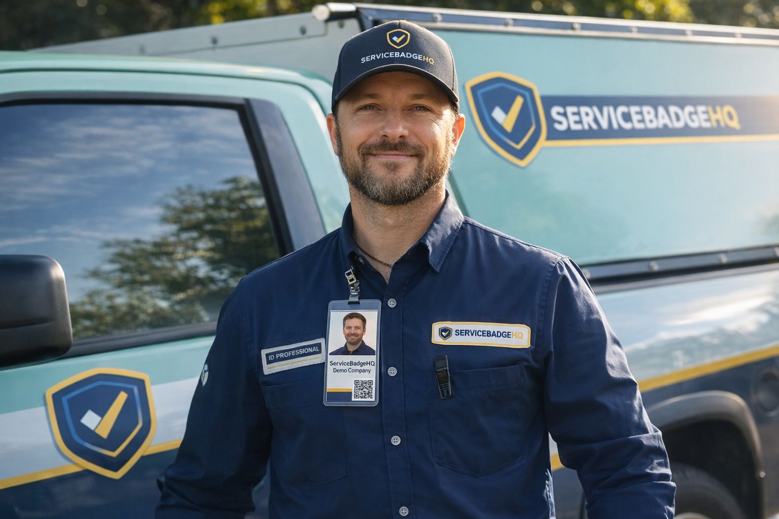 Technician at a residential door with service badge visible